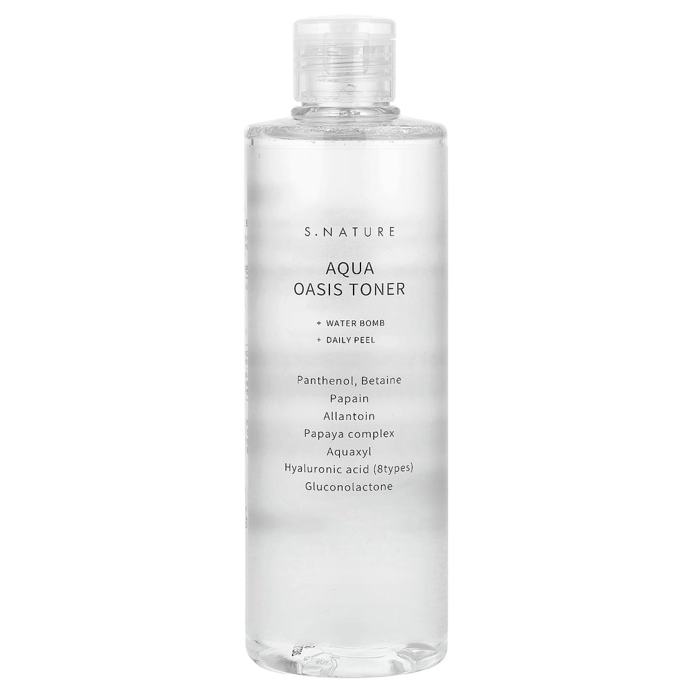 Tónico S.NATURE Aqua Oasis Toner en botella, hidratación suave para pieles sensibles.