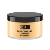 Sacha Buttercup Setting Powder jar close-up shows camera-ready matte finish