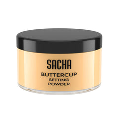 Sacha Buttercup Setting Powder jar close-up shows camera-ready matte finish
