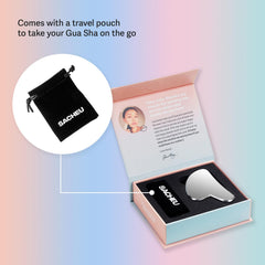 Sacheu Gua Sha metal tool provides a cooling effect on skin.
