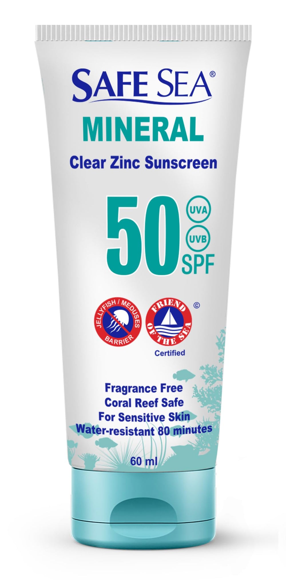 SAFE SEA zinc oxide SPF50, botella de 60 ml, protección mineral para rostro en viaje.