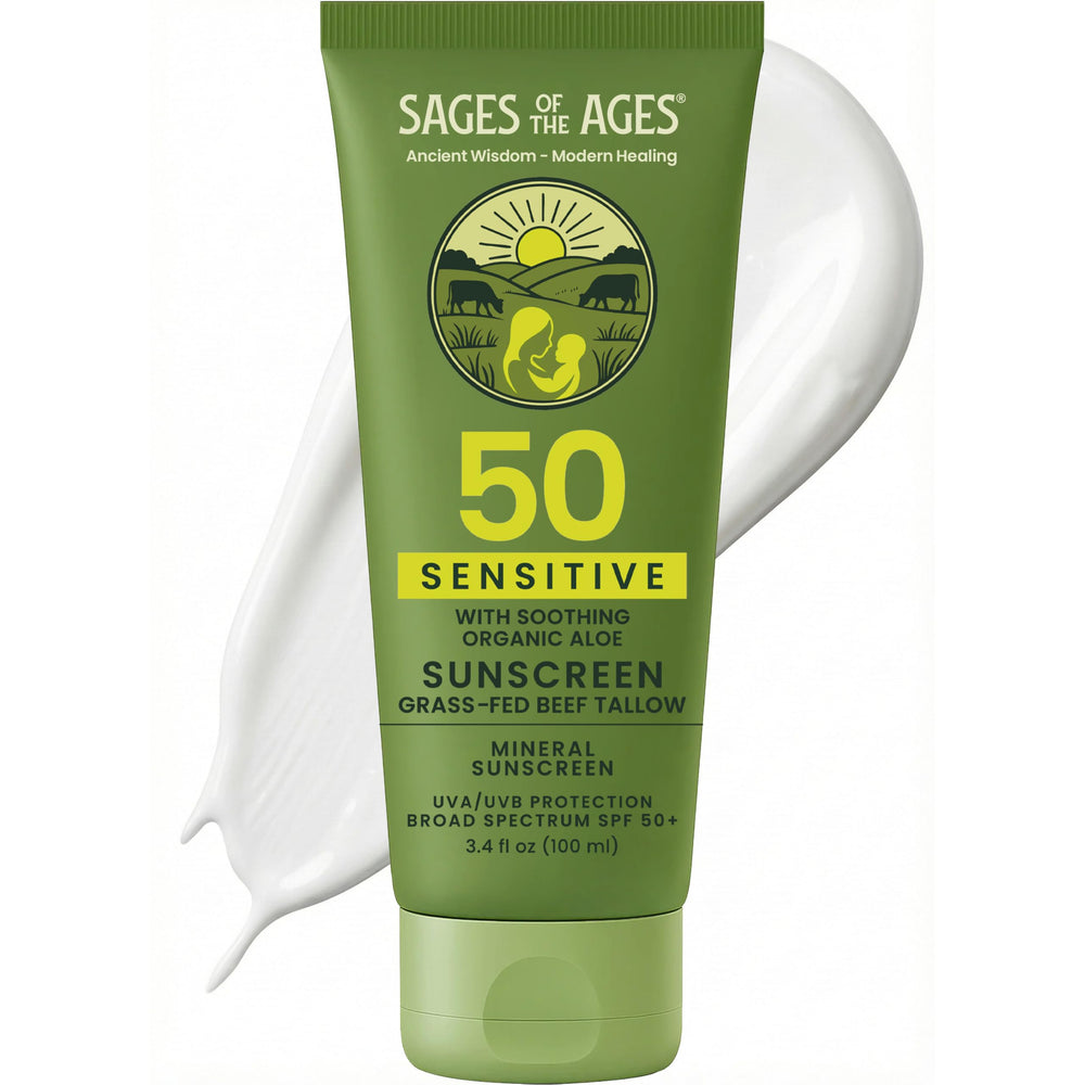 Protector solar SPF 50 de Sages Of The Ages, protección para la piel en botella.