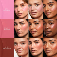 Saie Dew Blush Sweetie swatch shows warm peach blend melts into skin.