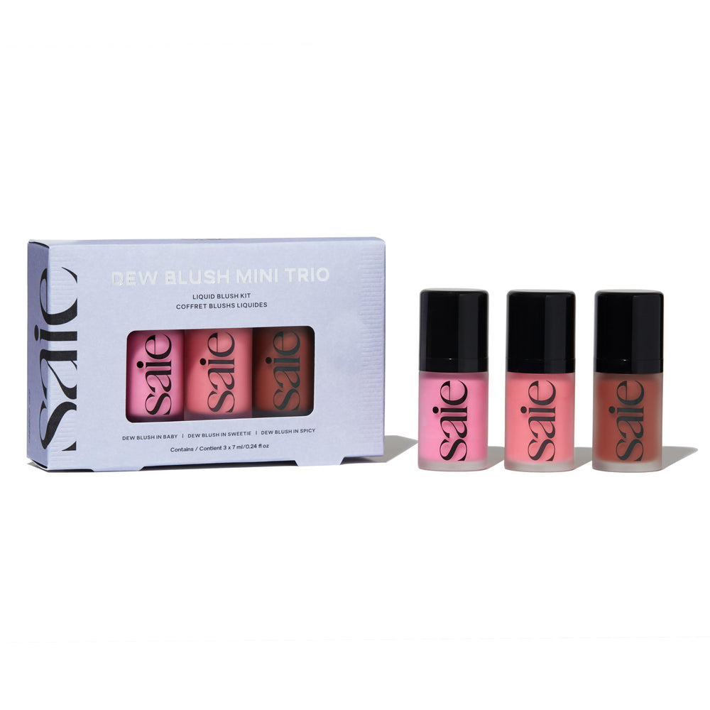 Saie Dew Blush trio pack swatches showing natural pinch-color for everyday radiance.