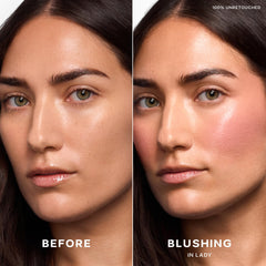 Saie Dew Liquid Blush creamy texture swatch on cheek for natural glow.