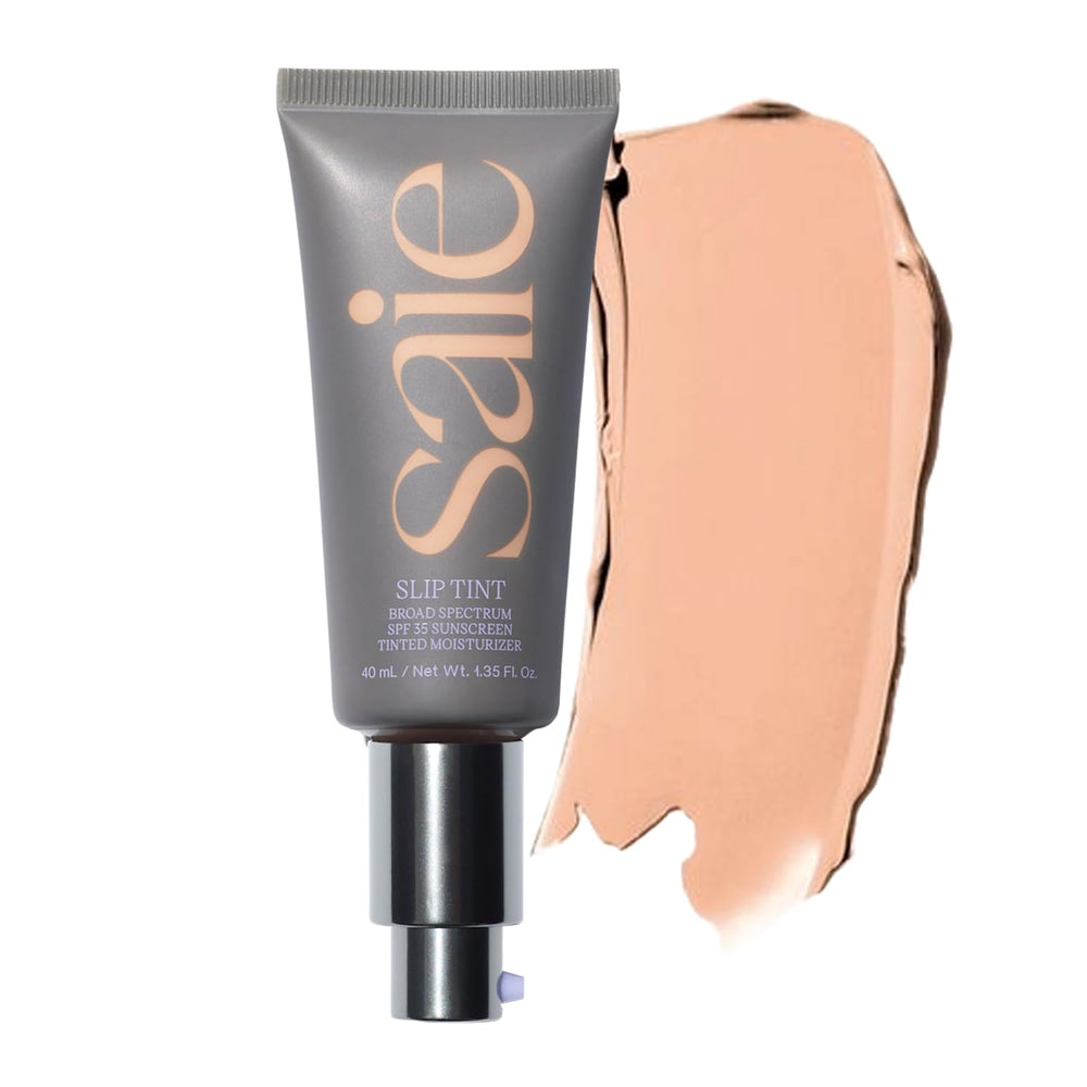 Saie Slip Tint bottle with pump for easy, on-the-go hydration and SPF protection.