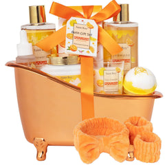 Saint Roy orange scents spa gift set in a reusable tub, ideal for cozy home spa moments.