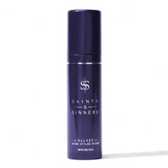 Saints & Sinners Velvet Divine styling potion bottle demonstrates heat protection for all hair types.