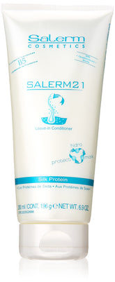 Salerm 21 envase brilla con efecto seda para cabello dañado.
