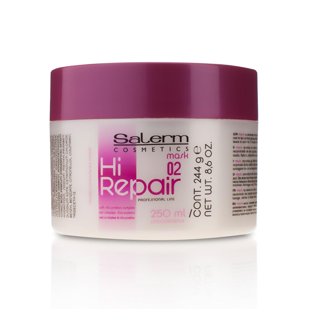 La máscara SALERM Hi Repair Mask en envase de 250 ml facilita una reparación rápida.