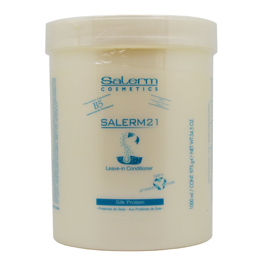 Salerm 21 Leave-In Conditioner bottle with silk proteins and B5 liposomes for hair protection.