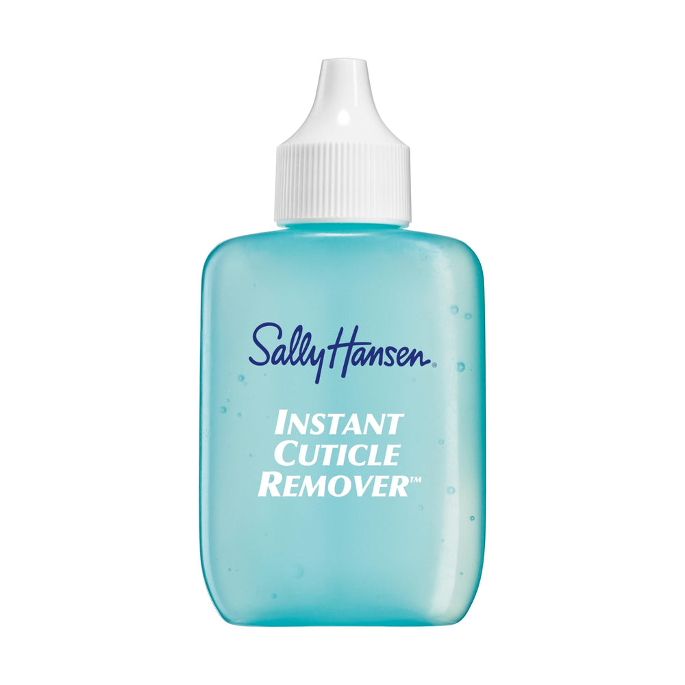 Sally Hansen Instant Cuticle Remover bottle shows quick cuticle care result.