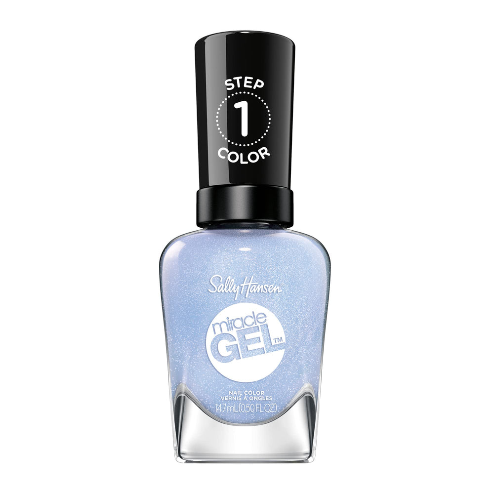 Sally Hansen Miracle Gel Blue Skies Ahead bottle shows gel-like shine with no UV light needed