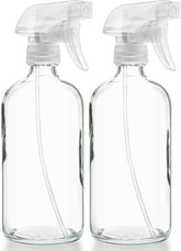 Sally's Organics empty glass spray bottle with 16 oz capacity and adjustable mist.