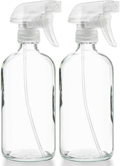 Sally's Organics empty glass spray bottle with 16 oz capacity and adjustable mist.