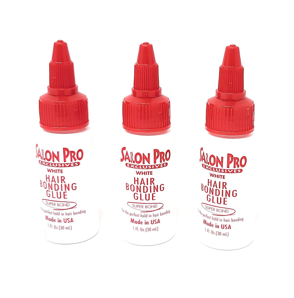 Salon Pro White Hair Bonding Glue bottle demonstrates quick-dry, secure bond for extensions.