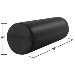 Saloniture jumbo round bolster under knees positioning supports relaxed leg alignment.