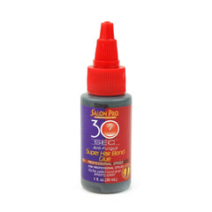Salon Pro 30 Sec Bonding Glue bottle demonstrates quick-dry formula for secure extensions.