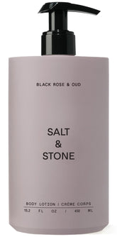 Salt and Stone Black Rose and Oud lotion bottle front, sleek unisex design for daily hydration.