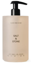 Salt & Stone body wash bottle with Black Rose & Oud scent for a luxurious cleanse.