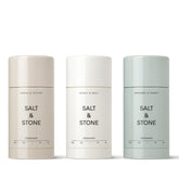 Salt & Stone deodorant stick close-up showing aluminum-free formula and all-day protection.