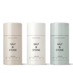 Salt & Stone deodorant stick close-up showing aluminum-free formula and all-day protection.