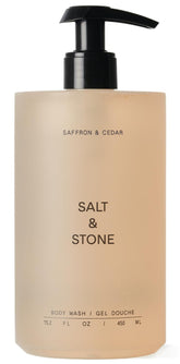 Salt and Stone body wash bottle with saffron cedar scent for daily hydration.