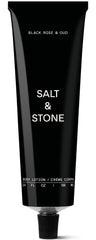 Salt & Stone loción corporal en botella con aroma Black Rose & Oud, hidratación intensa.