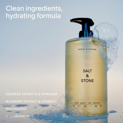 Salt and Stone Santal Vetiver bottle pour illustrates a premium aroma for a refreshing shower ritual.