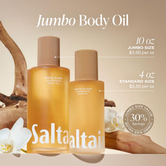 Saltair body oil jumbo 10oz packaging highlights value and long-lasting moisture