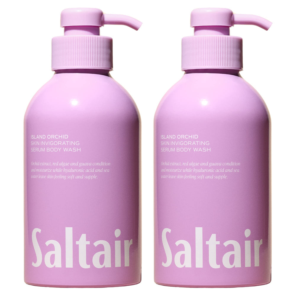 Saltair Island Orchid bottle pour shows refreshing, hydrating body wash for daily cleansing.