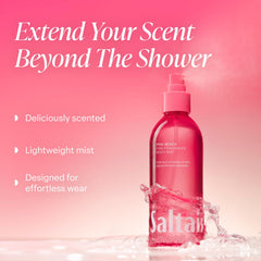 Saltair Pink Beach mist being sprayed for quick, non-greasy refresh on skin