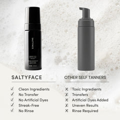 SALTYFACE tanning foam applied to leg with circular motions for even tone.