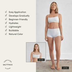 Arm application of SALTYFACE tanning foam for smooth, uniform coverage.