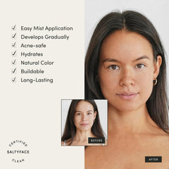 SaltyFace Tanning Water on face neck and chest delivering natural, gradual glow