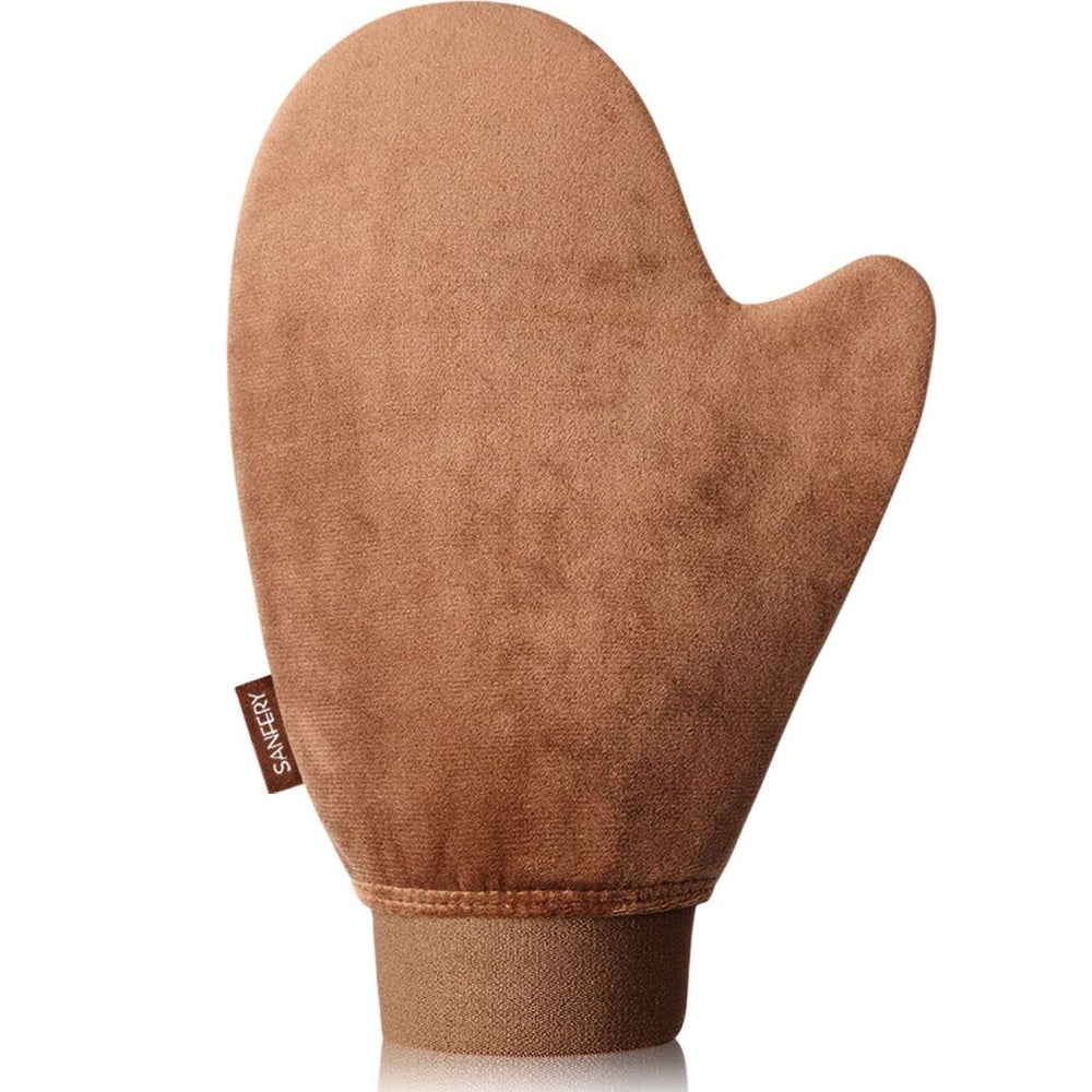 Sanfery self-tanner mitt with elastic cuff for secure, mess-free application.
