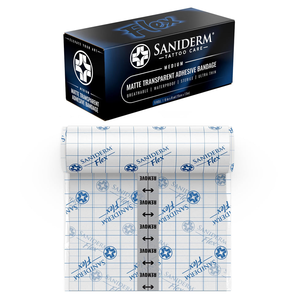 Saniderm Flex tattoo bandage applied on skin showing flexible coverage for active movement