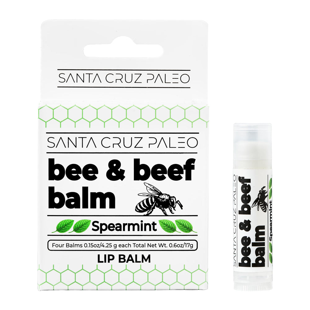 Bálsamo labial Santa Cruz Paleo con sebo de res y menta, hidratación duradera.