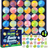 Santrela kids bath bombs 30-pack with glow-in-the-dark surprise toys.