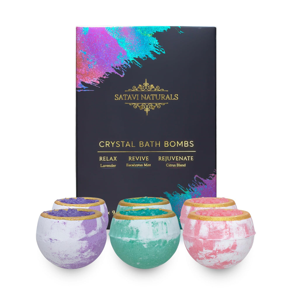 Satavi Naturals crystal bath bomb geode fizz colors in water for a spa-like soak