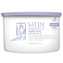SATIN SMOOTH Honey Wax jar closeup showing rich texture and vitamin E for smooth skin