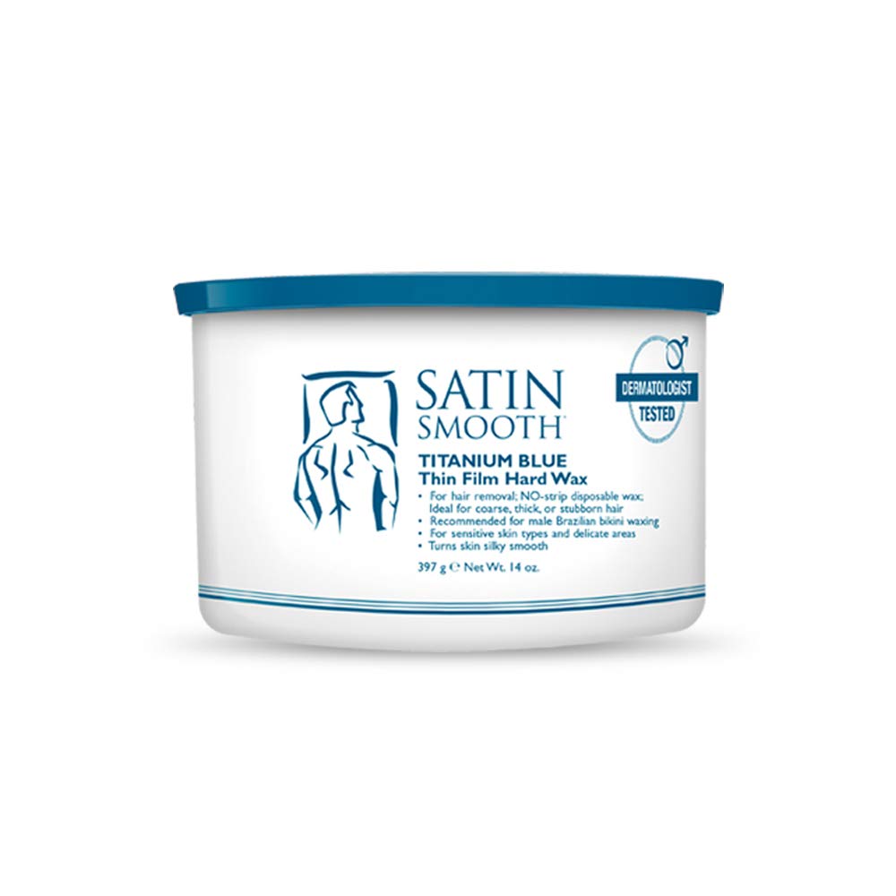 SATIN SMOOTH Titanium Blue Wax packaging highlighted for sensitive skin and tough hair.