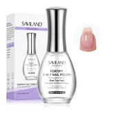 SAVILAND 3-in-1 bottle close-up showing base, top coat and strengthener for durable shine.