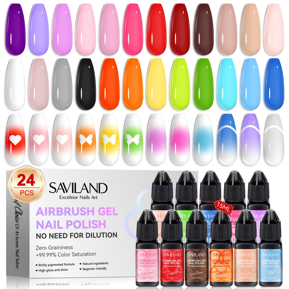 SAVILAND airbrush gel nail polish 24-color bottle close-up shows vibrant pigmentation for crisp nail art.