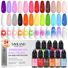 SAVILAND airbrush gel nail polish 24-color bottle close-up shows vibrant pigmentation for crisp nail art.