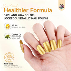 SAVILAND gold polish on nails showing mirror shine and even coverage