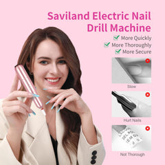SAVILAND nail drill with seven bits for grinding, shaping, and polishing.