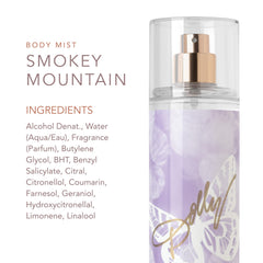 Purple packaging and Dolly Parton branding on Smoky Mountain mist label