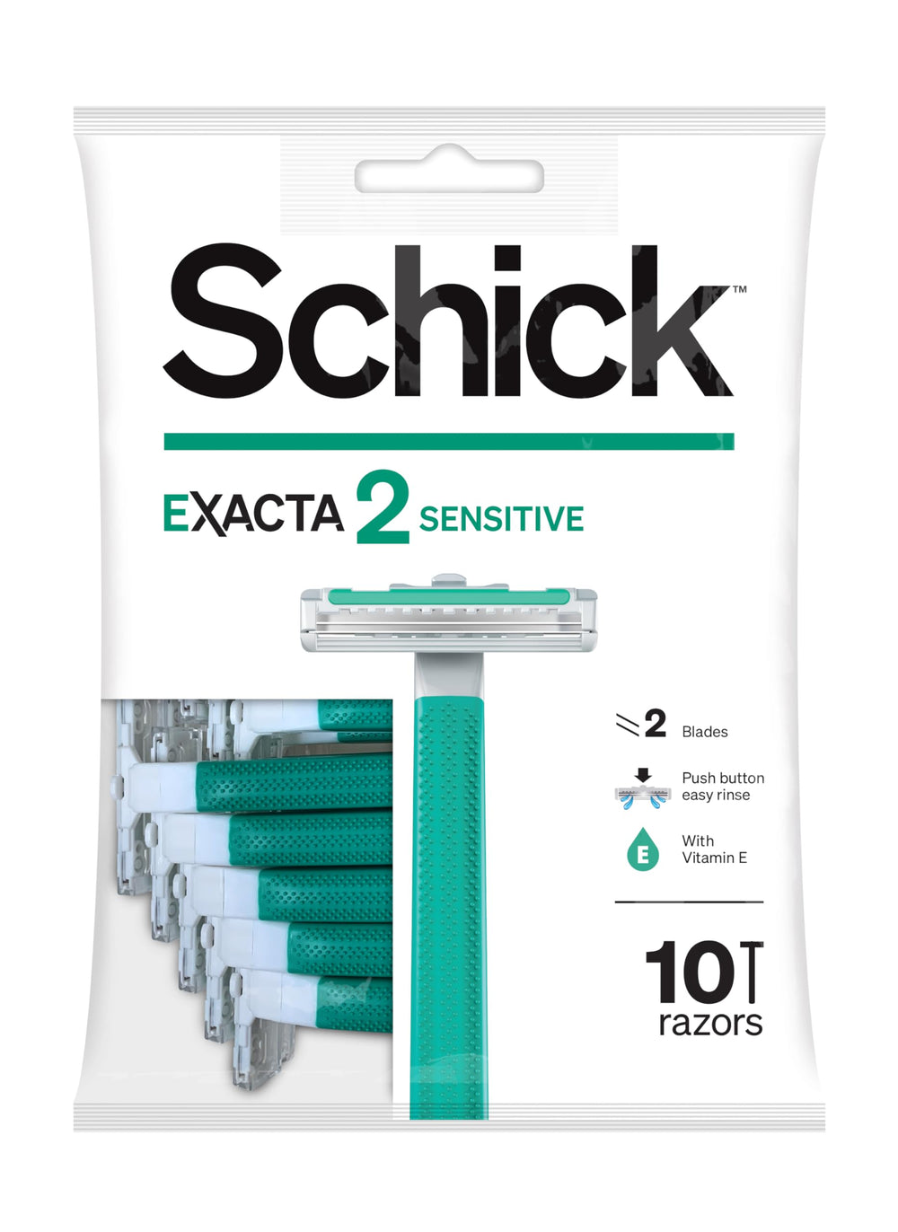 Schick Exacta2 Sensitive razor packaging box showing 10 disposable razors.