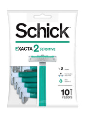 Schick Exacta2 Sensitive razor packaging box showing 10 disposable razors.